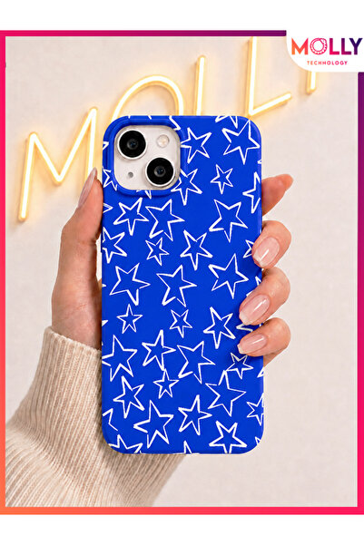 Molly iPhone 13 / 14 İçin Saks Mavisi Yıldız Eskizi Desenli İçi Kadife Siliko...