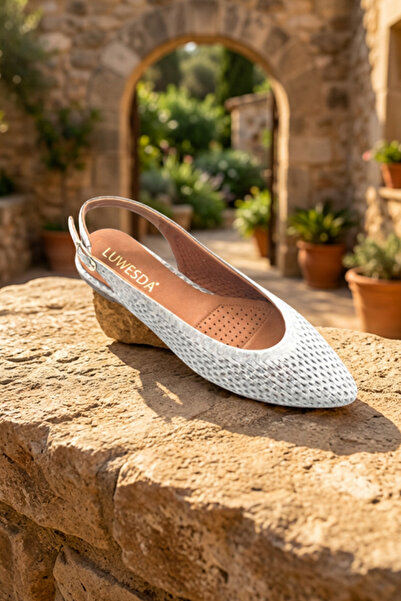 %100 Hakiki Deri Fileli Sivri Burun Slingback Kadın Babet