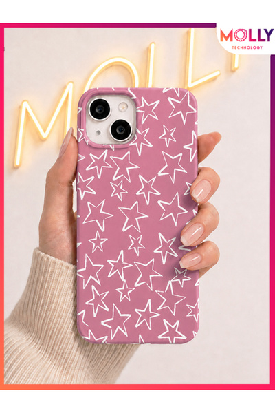 Molly iPhone 13 / 14 İçin Roza Yıldız Eskizi Desenli İçi Kadife Silikon Kılıf