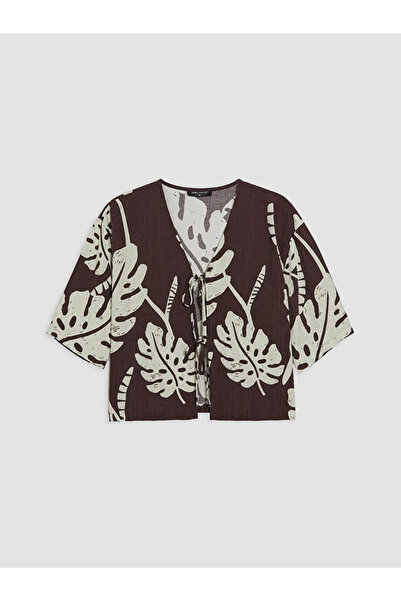 LC Waikiki Brown V-Neck Patterned Blouse