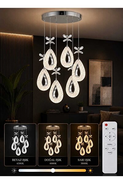 MAVERALİGHTİNG YAGMUR 6 LI SARKIT AVİZE 3 RENK LED ISIKLI KUMANDALI SALON OTU...
