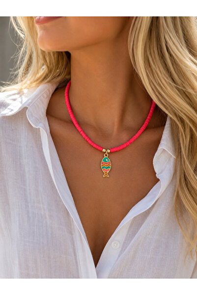 Miliva Neon Pink Fish Fimo Necklace |   Summer Bead Necklace |   Women's Bijo...
