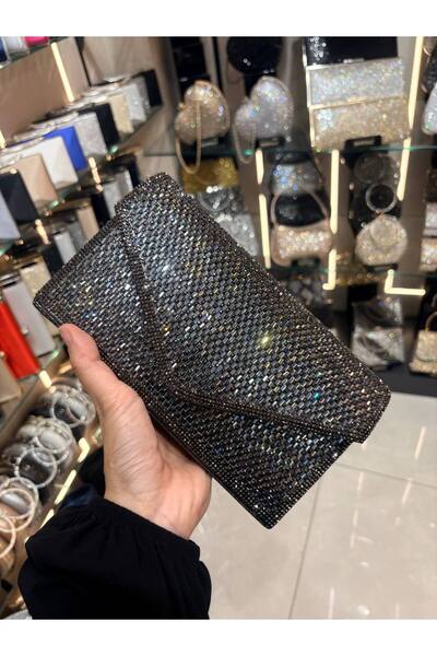 H&D COLLECTİON Women's Shiny Stone Long Chain Strap Evening Dress Bag