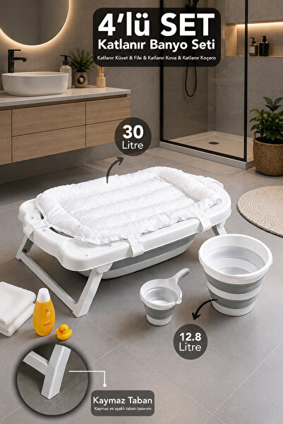 Meleni Baby 4'lü Lüks Akordiyon Bebek Banyo Seti - Katlanabilir Küvet Büyük S...