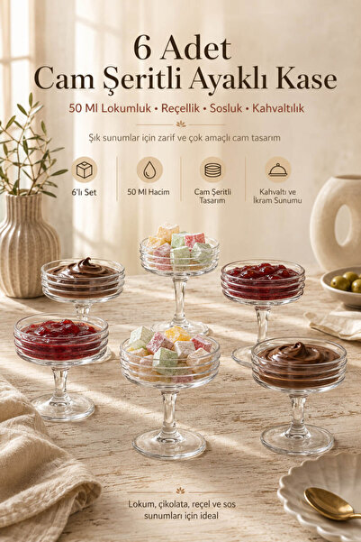 Anadolu Saray 6’lı Cam Şeritli Ayaklı Kase 50 ml Lokumluk Reçellik Sosluk Kah...