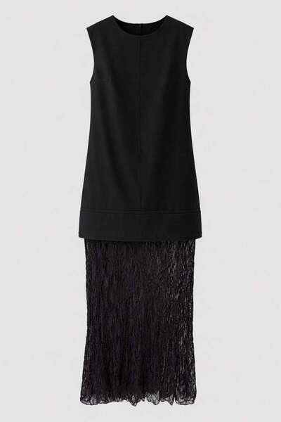 Jusenmia Lace Garnished Dress Black