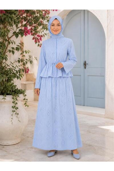 Neşeli Butik Women's Blue Embroidered Elastic Waist Skirt and Blouse Hijab Se...