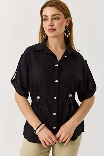 Raneel Kazançlı Alışveriş Women's Adjustable Waist Short Sleeve Shirt Black