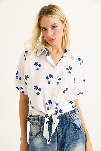 Raneel Kazançlı Alışveriş Floral Pattern Half Sleeve Tie-Up Linen Shirt Blue ...