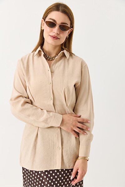 Raneel Kazançlı Alışveriş Women's pleated long sleeve shirt beige