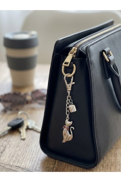 GENCATELİER Silver Color Metal Cat Figurine Keychain and Bag Ornament Charm
