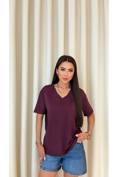 DİDEM GÜLTAKTI Mere Women's V-Neck Basic Plum T-Shirt