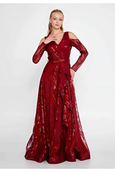 1way Burgundy Evening Dress Made in Turkey