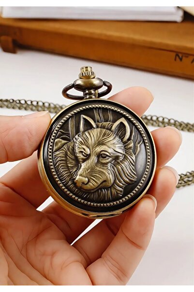 Wolawood Özel Üretim Bozkurt Temalı Köstekli Cep Saati, Vintage Retro Antik T...