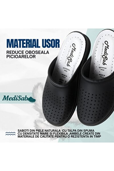 MediSab Papuci medicali anatomici ultraușori, din piele, negri, unisex 39