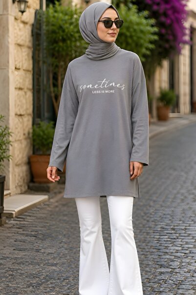 İmajButik Gray Crew Neck Printed Single Jersey Tunic