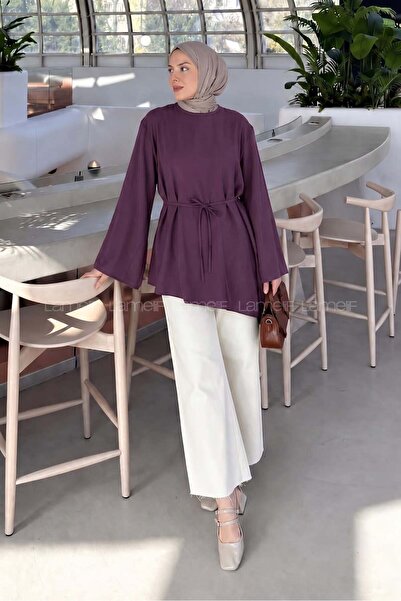 lamelif Asymmetrical Cut Shirt with Tie Detail, Plum