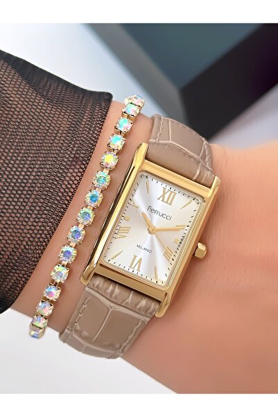Ferrucci Leather Strap Rectangular Case Women's Wristwatch 3 Atm Waterproof 2...