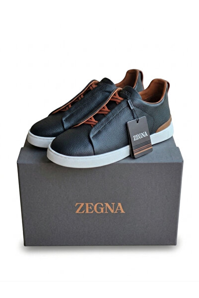 NEW ZEGNA BLACK DEERSKIN TRIPLE STITCH MENS SNEAKERS