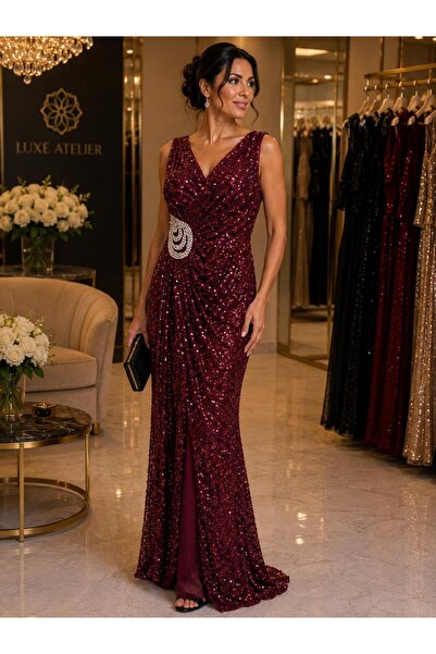 renk abiye Sequin Embroidered Slit Evening Dress 5411
