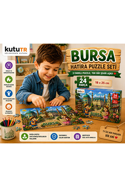 kutuTR Bursa Hatıra Ahşap Puzzle Seti 24 Parça 18x25 cm Eğitici Çocuk Puzzle 3’lü Set