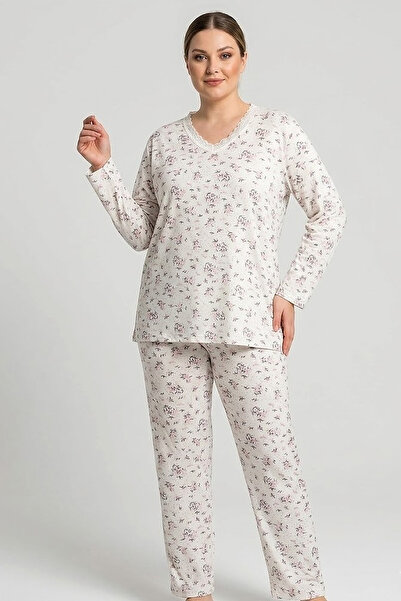CottonVia Mother's Pajama Set, V-Neck Lace, Floral Pattern, Long Sleeve, 100%...