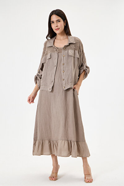 della moor Mink Italian 100% Linen Shoulder and Collar Mesh Detailed Jacket 2...