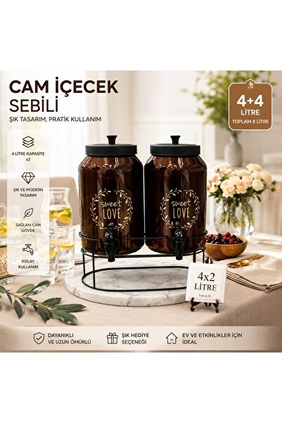 Molino Amber Renk 2 Li Cam Sebil Yağdanlık Şerbetlik Sızdırmaz Musluk Ferforj...