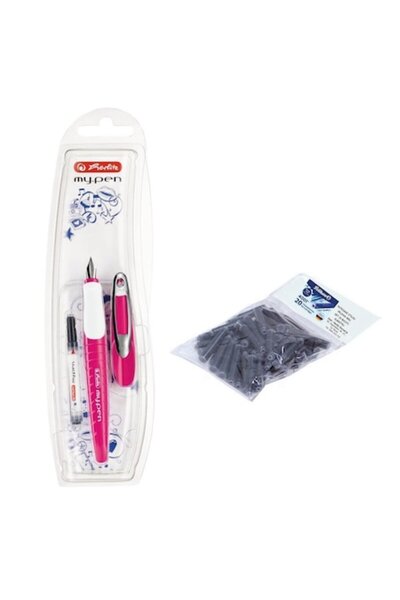 Herlitz Set stilou My.Pen, Roz-Alb, blister, Peniță M, cu 20 rezerve Pelikan