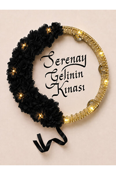 ELYNA Siyah Gold Taşlı Ledli Şeffaf Gelin Tefi, Çiçekli 32 cm, Kına Düğün Sün...