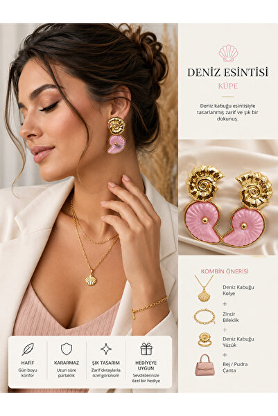kasımoğulları concept Pink Seashell Design Women's Earrings with Gold Detail