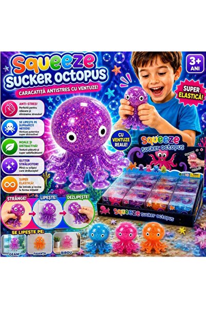 hey Jucărie caracatiță moale cu sclipici, 7,5 cm, cu ventuze, antistres, culo...