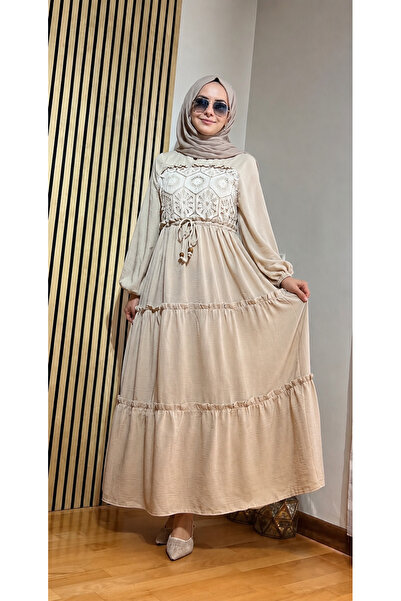 Cardella Nare Brode Detailed Long Dress – Beige Dress Compatible with Islamic...