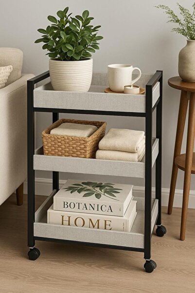horoof home Modern 3-Tier Storage Cart with Wheels – Black Metal Frame & White Leather Finish, Multi-Purpose Organizer for Home & Office (53L x 53W x 87H cm),QT031