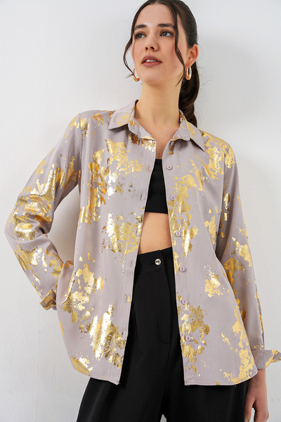 Merterium Women's Foil Patterned Shirt 1340 - Golden Yellow