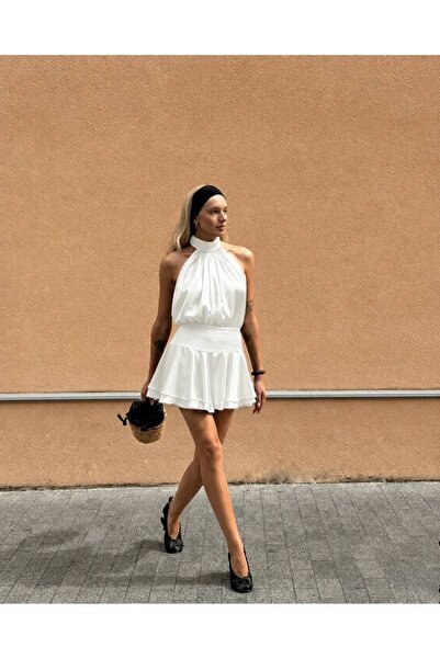 TAYT VEGAS ZARİF HALTER YAKA PİLELİ MİNİ ELBİSE