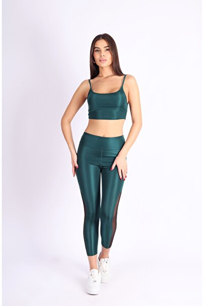 soft&basic Green Polyester High Waist Leggings with Tulle Detail on the Legs