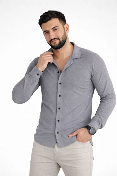 VELİZADE Men's Cotton Fabric Long Sleeve Polo Collar Regular Fit Smoked Shirt...