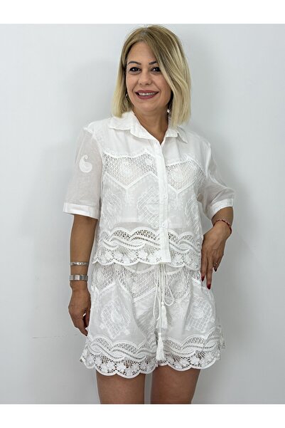 SİSTA MODA 9549 Short Sleeve Shirt, Laced, Shorts, Cotton Set