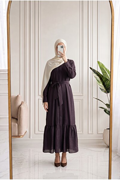 MİHRA STORE Azende Front Pleated Sleeve End Double Buttoned Dress-Pa9882 Plum