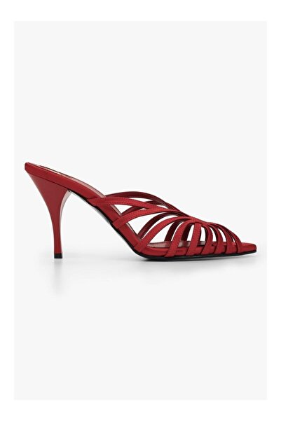 cevaplus Judith Red Satin Open Toe Detailed Caged Women's Heeled Slippers