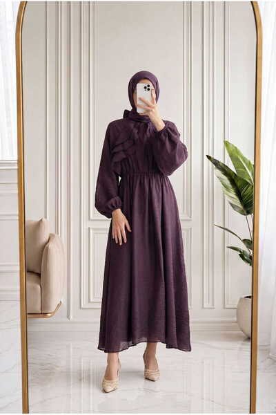 MİHRA STORE Teresa Ruffled Front Balloon Sleeve Voile Dress-Ek639 Plum