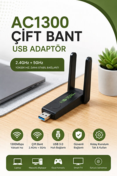 ÖZDELMARKT USB 3.0 WiFi Adaptörü Kablosuz Ağ Alıcısı Yüksek Hızlı İnternet Ba...