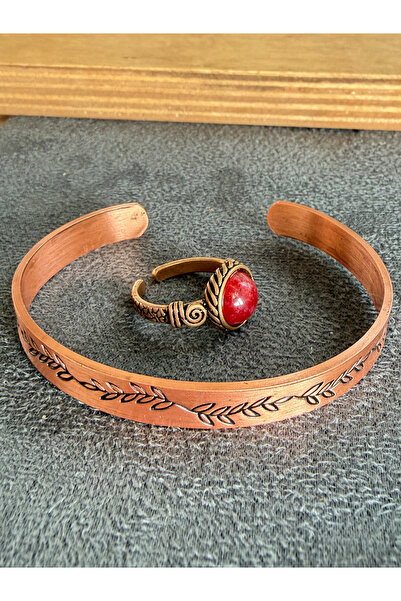 Rupen Kraft Handcrafted copper bracelet and natural stone ring set, adjustabl...