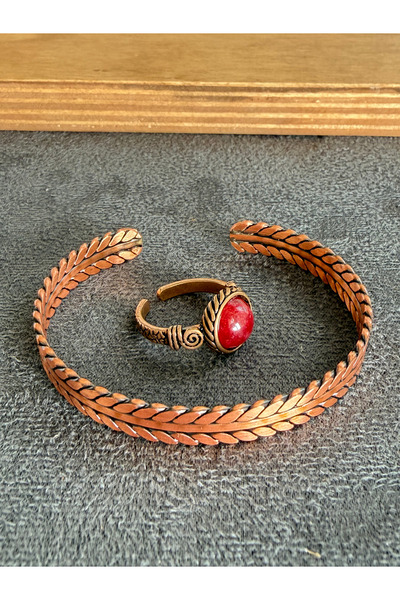 Rupen Kraft Handcrafted copper bracelet and natural stone ring set, adjustabl...