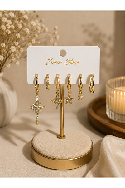 Lilith Takı Set of 6 Star-Shaped Gold Earrings |   Stone-Encrusted Multiple E...