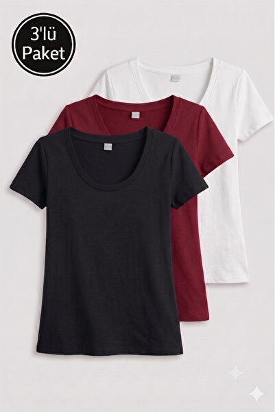 FHELIA Women's Cotton T-Shirt 3 Piece Set U Neck