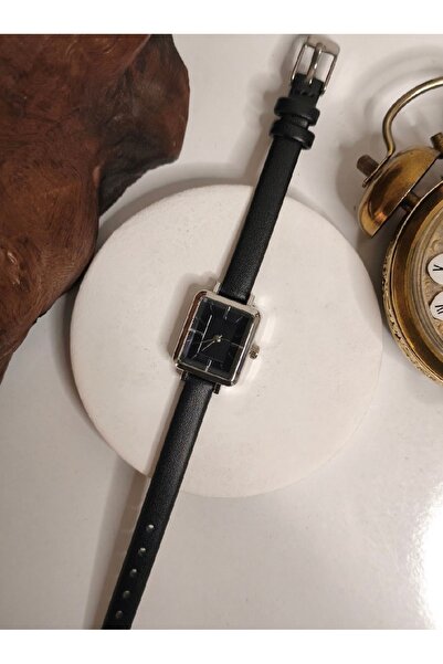 ABAGROUP Women's black leather strap silver rectangular case wristwatch with ...