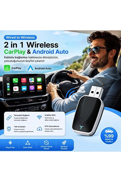 Triline Kablosuz CarPlay Android Auto Mini 2in1 USB Wireless Carplay Dönüştürücü Type-C OTG Destekli