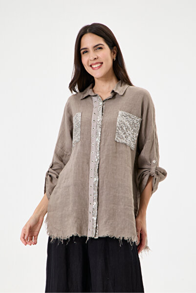 della moor Women's Mink Italian 100% Linen Sequined Ring Stripe Oversize Line...